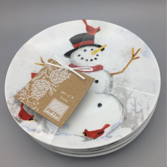 x4 222 FIFTH Winter Cheer Appetizer Plate Set Snowman Red Cardinal Christmas NEW - Picture 3 of 7